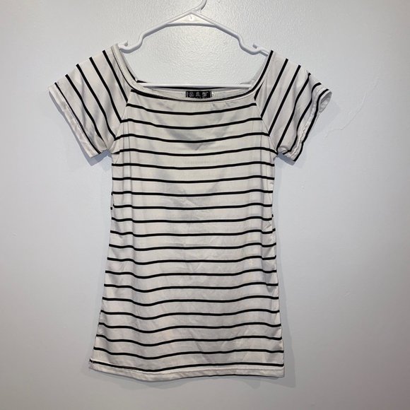 White and Back Striped Short Sleeve Shirt Top Womens - Picture 1 of 3